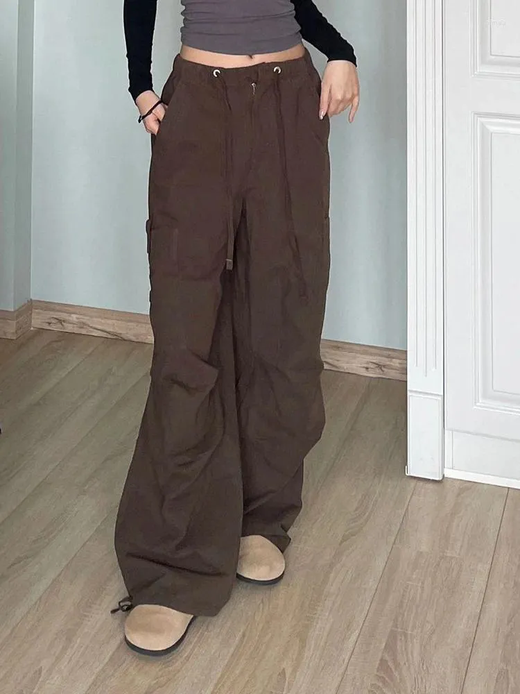 Pantalon femme 2023 rétro Hong Kong décontracté pour les femmes avec design cordon de serrage longue longueur taille haute droite jambe large cargo