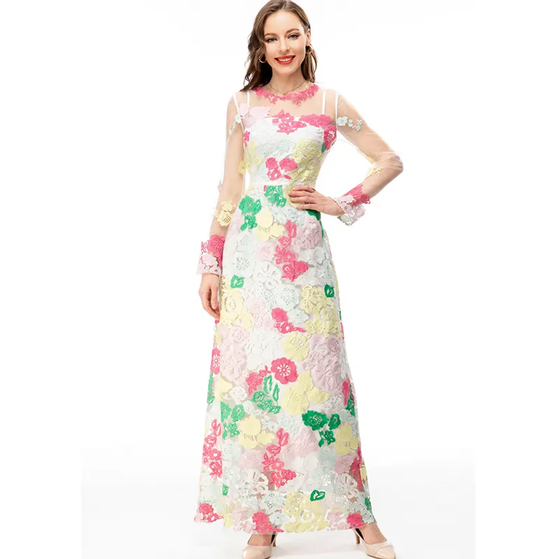 Runway-jurken voor dames O-hals Lange mouwen Borduursel Foral Elegant Designer Party Prom Gown Vestidos