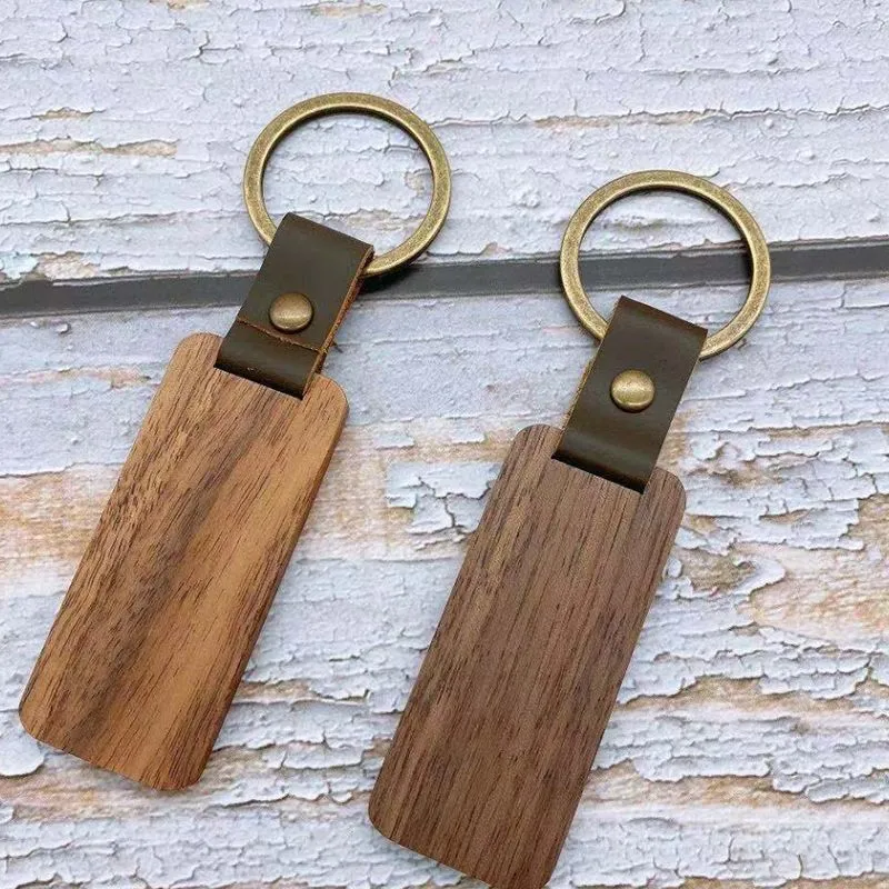 Personalized Leather Keychain Pendant Beech Wood Carving Keychains Luggage Decoration Key Ring DIY Thanksgiving Father's Day Gift