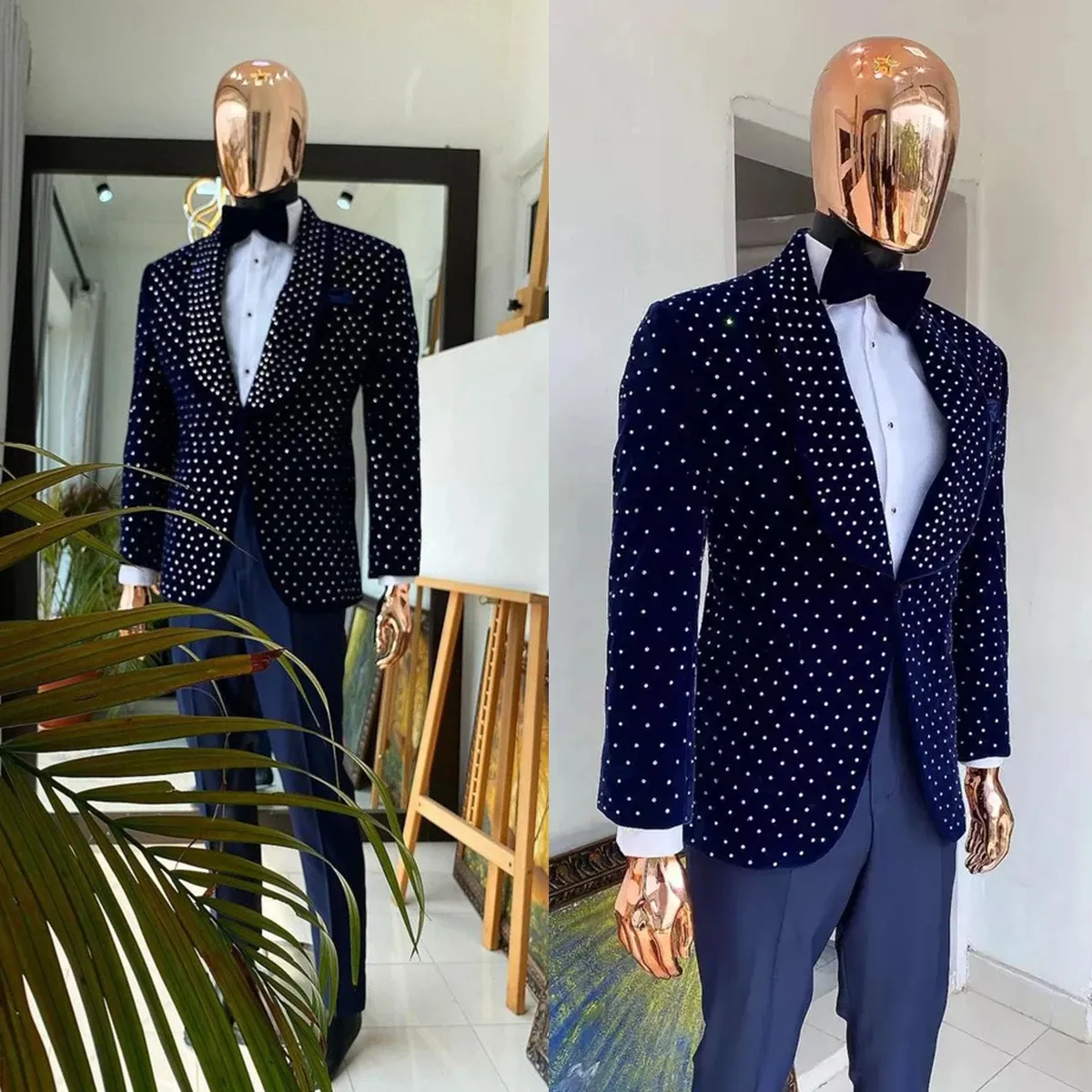 Navy Velvet Tuxedo Set Back With Crystal Beading And Peaked Lapel For Mens Wedding, Groom, And