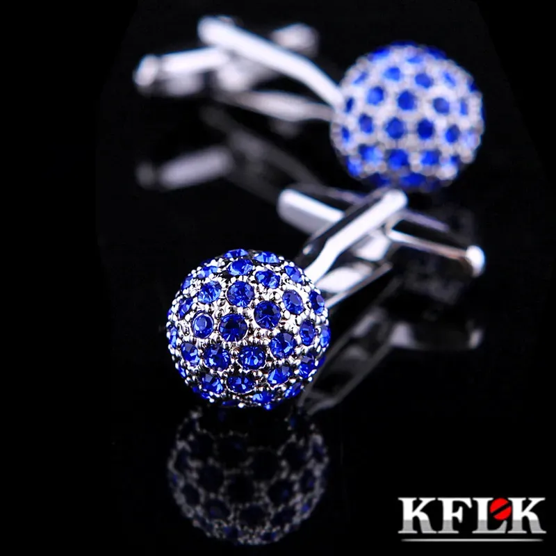 KFLK Jewelry Brand Blue Crystal Ball Cuff link Wholesale Buttons designer High Quality shirt cufflinks for mens Free Shipping