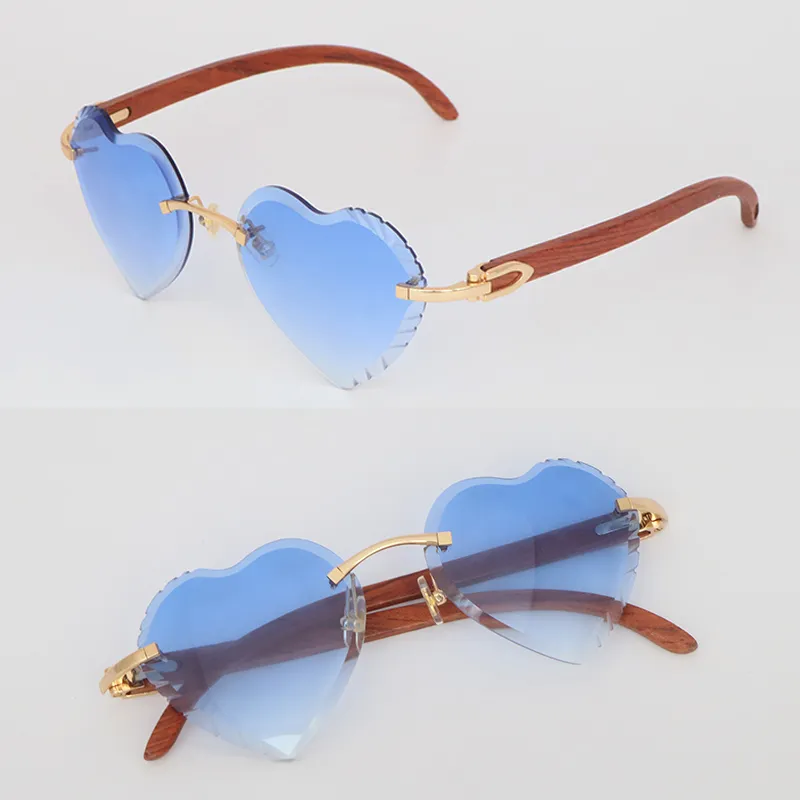 Gros cadre flottant sans monture pour femme lunettes de soleil en bois originales modèle de coeur de pêche mâle et femelle diamant coupé lunettes de soleil en bois chaud