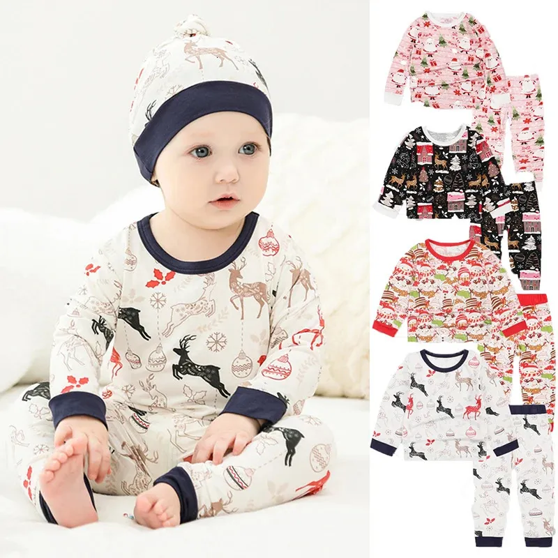 Set di abbigliamento Pigiama per bambini in fibra di bambù stampato natalizio Set per bambini Baby Boy Girl Abbigliamento a maniche lunghe Set di abbigliamento per bambini Pigiameria per ragazze 231115