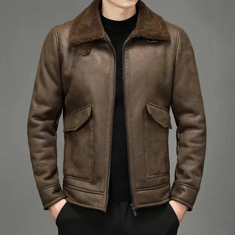 Men's Leather Faux Leather Jacket Plus Velvet Lapel Thick Warm Fashion Autumn Winter Men's Suede Boutique Imitation Leather Top Large Size PU Coats 231116