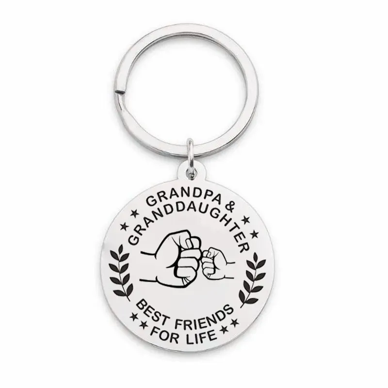 Stainless Steel Keychain Pendant Metal Round Family Key Chain Grandpa Affection Keyring Creative Gift Supplies 30MM