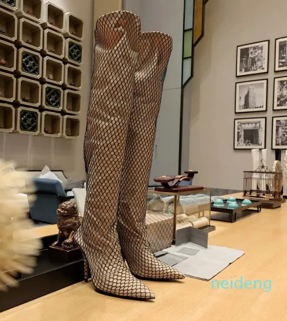 Qualidade de luxo novo design feminino sobre o joelho botas super salto alto apontou toe estiramento botas sexy malha pescado senhoras botas longas calçados