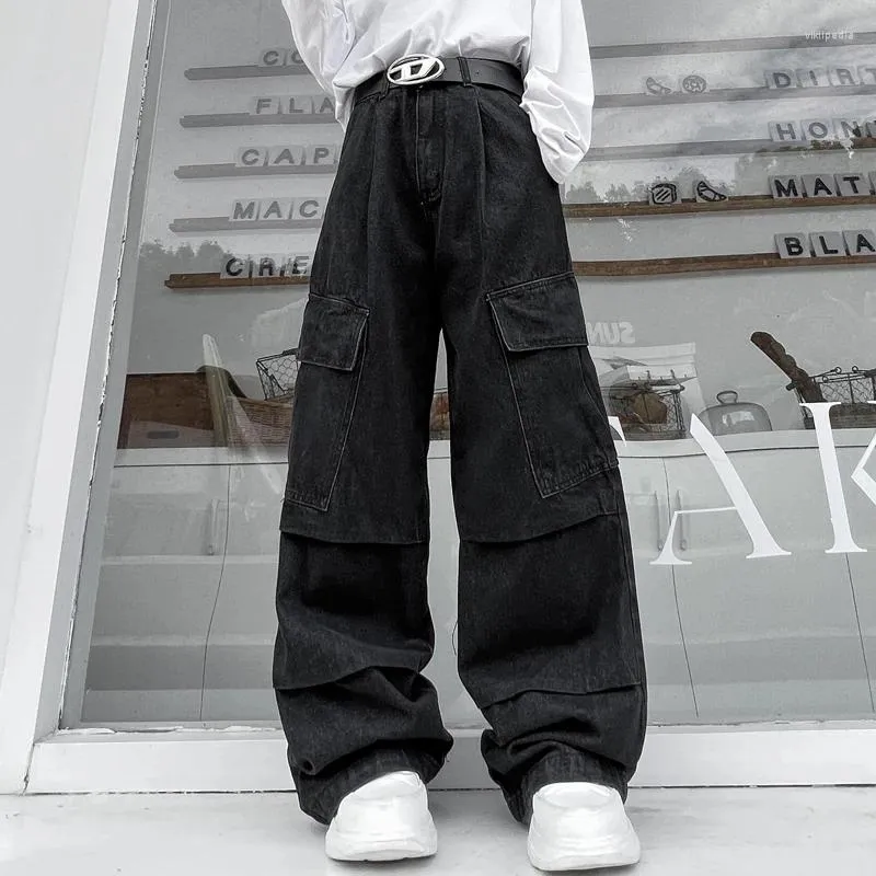 Calças de brim masculinas syuhgfa baggy outono sólido bolso lateral solto streetwear vintage masculino perna larga denim calças estilo safari 2023
