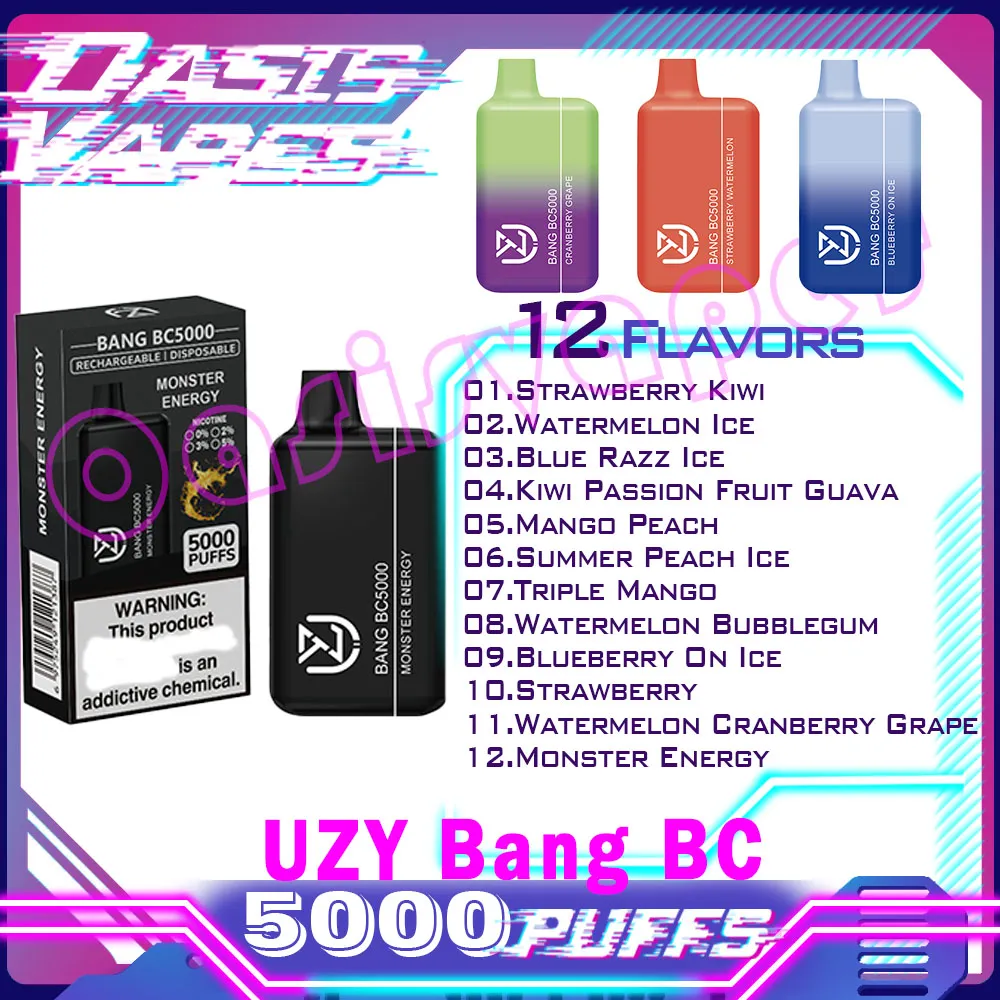 Cigarettes originales UZY Bang BC5000 E 0% 2% 3% 5% 12 ml Pod pré-rempli 650 mAh Batterie 12 saveurs jetables Vape Pen Puffs 600