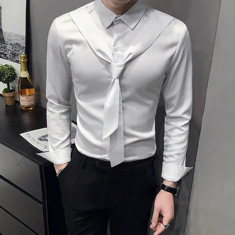 Mäns casual skjortor Spring Autumn Silk Dress Shirt Slim Fit Longsleved Blus Men Stage Party Formal Herr Brand Clothing S5xl 231116