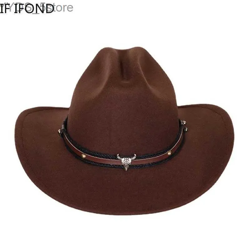 Geniş Memlu Şapkalar Kova Şapkaları Yeni Vintage İnek Kafası Batı Kovboy Şapkaları Erkekler İçin Kadınlar Geniş Kahretsin Cowgirl Caz Şapkası Beyefendi Kilisesi Sombrero Hombre YQ231116