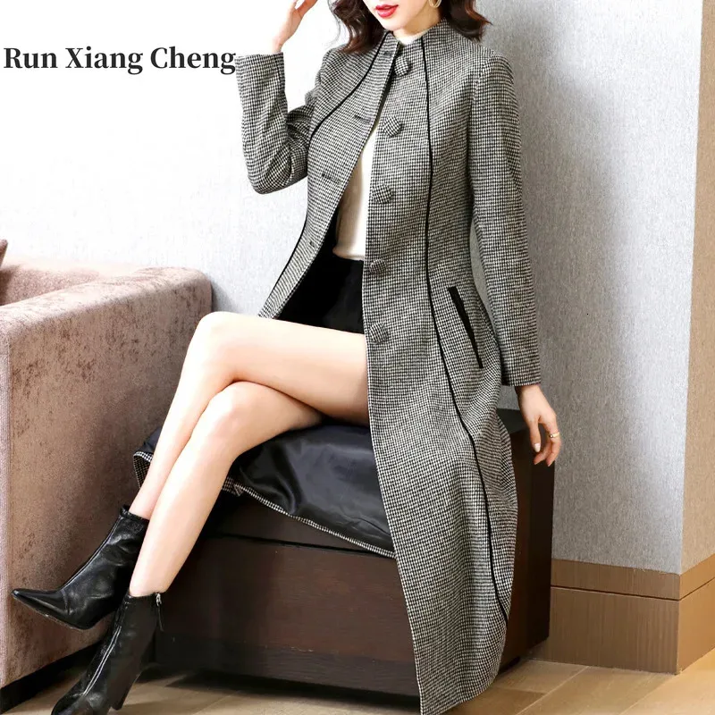 Manteau en laine pour femmes, fausse fourrure, RUN XIANG CHENG, mi-long, Slim, Style Plaid, gris, automne-hiver 2023, 231115