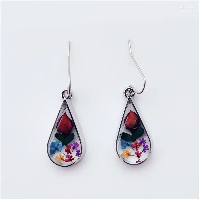 Boucles d'oreilles pendantes tendance simple résine rose fleur séchée goutte à goutte pour femmes brillant en acier inoxydable crochet d'oreille doux élégant fête bijoux cadeaux