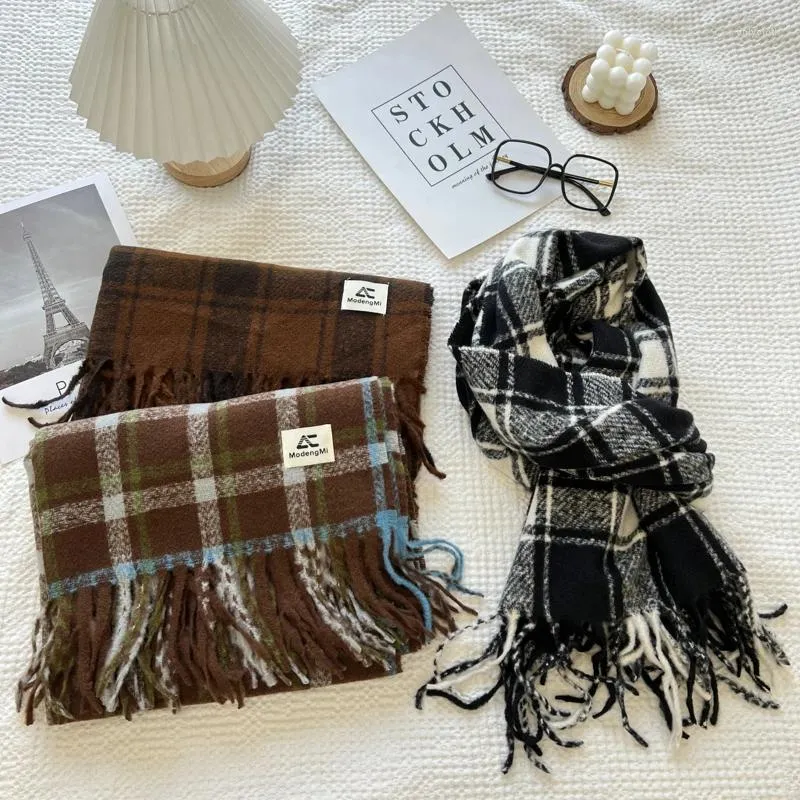 Scarves Checked Warm Winter Scarf Imitate Cashmere Shawl Lady Wrap Tassel Knitted For Women