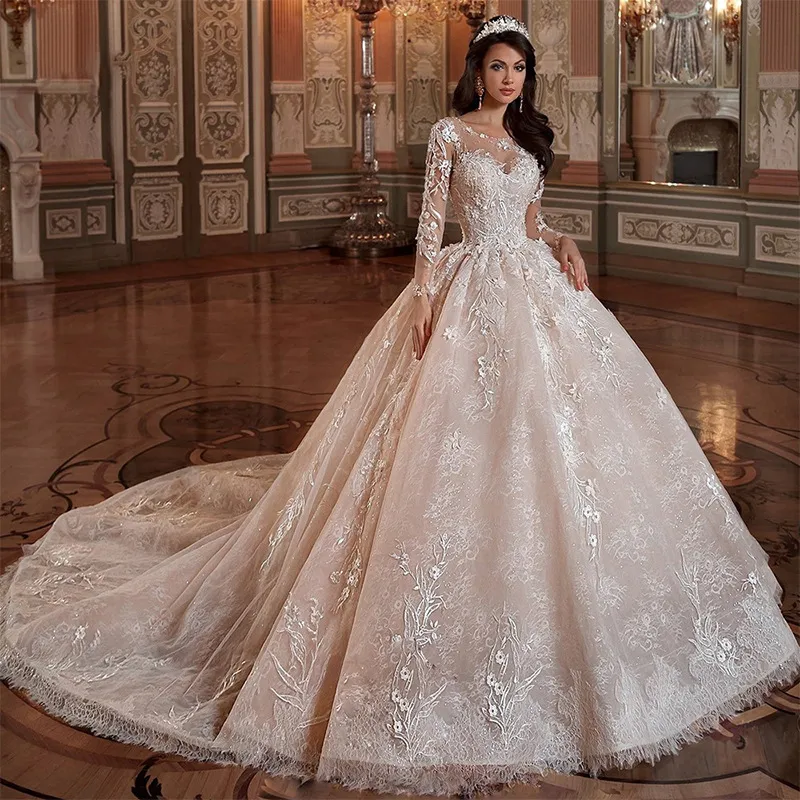 Elegant A line Women Wedding Dress 2024 Sccop Long Illusion Sleeves 3D Flowers Beads Lace Appliques Tulle Bridal Bride Gown Vestidos De Noiva Robe De