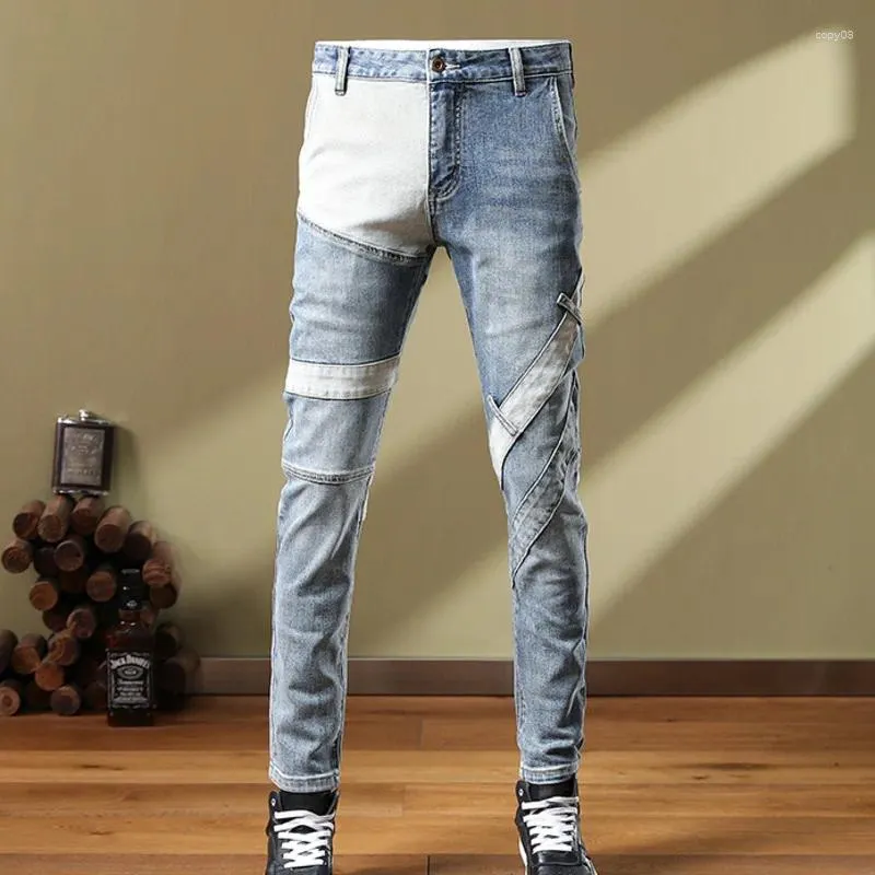 Men's Jeans Fall Blue White Contrast Color Stitching Design Slim Fit Stretchy Jean Hip Hop Style Trouser For Men Pantalon Vaquero Hombre