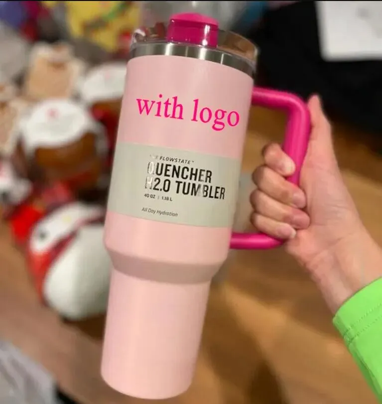 PINK Flamingo 40oz Quencher H2.0 Mugs Cups Camping Travel Car Cup Stainless Steel Tumblers Cups with Silicone Handle Valentine's Day Gift