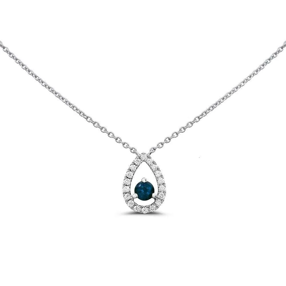 Maßgeschneiderte Halskette aus massivem 10-karätigem 14-karätigem Weißgold mit natürlichem blauen Saphir-Edelstein und Diamant-Halo