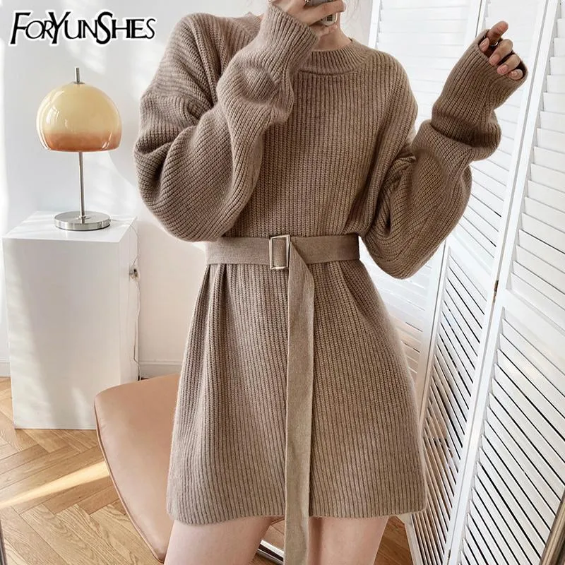 Vestidos casuais foryunshes vestido de suéter feminino malha de malha sólida renda para cima coreana chique manga de malha de inverno de inverno elegante jumper longo