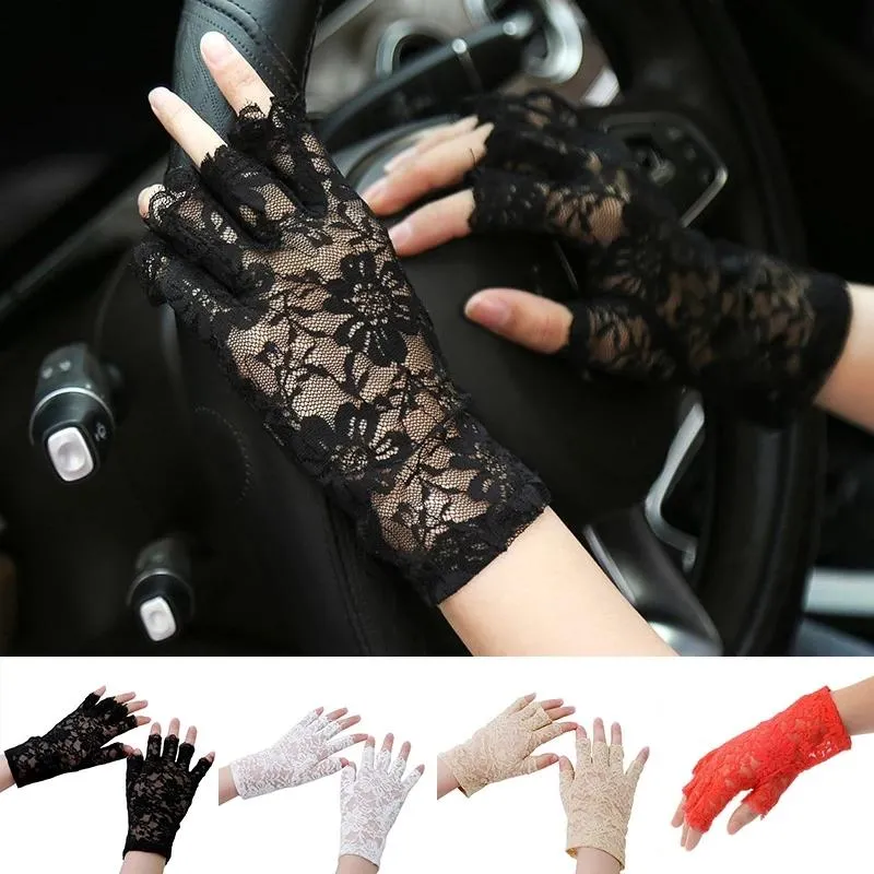 Five Fingers Gloves 1pairs/2pcs Fashion Sexy Summer Female Half Finger Sunscreen Short Lace Thin Women Driving Flower Pattern Fingerless