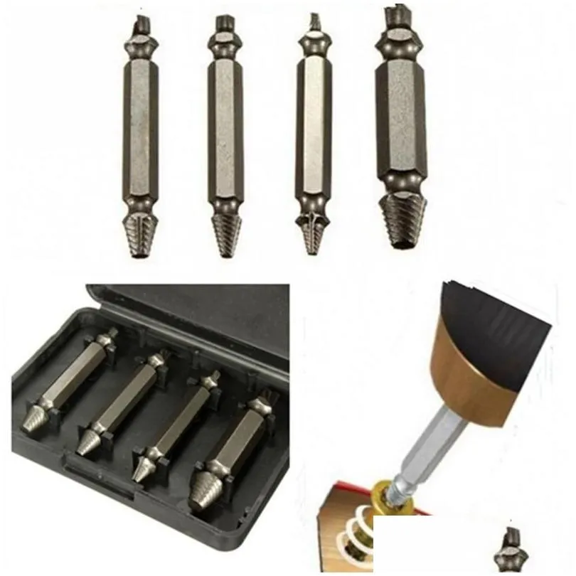 Drill Bits 4Pcs/Set Screw Extractor Drill Guide Set Broken Bolts Fastner Easy Out Wood Bolt Stud Tool Kit With A Plastic Box Drop Deli Dhr1J