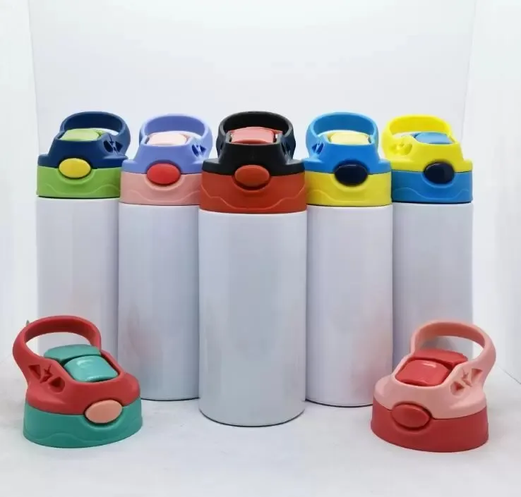 Sippy Cups Sublimation Kids Tumblers 12oz rechte roestvrijstalen waterflessen dubbel geïsoleerde vacuüm drinkmelkmokken drinken