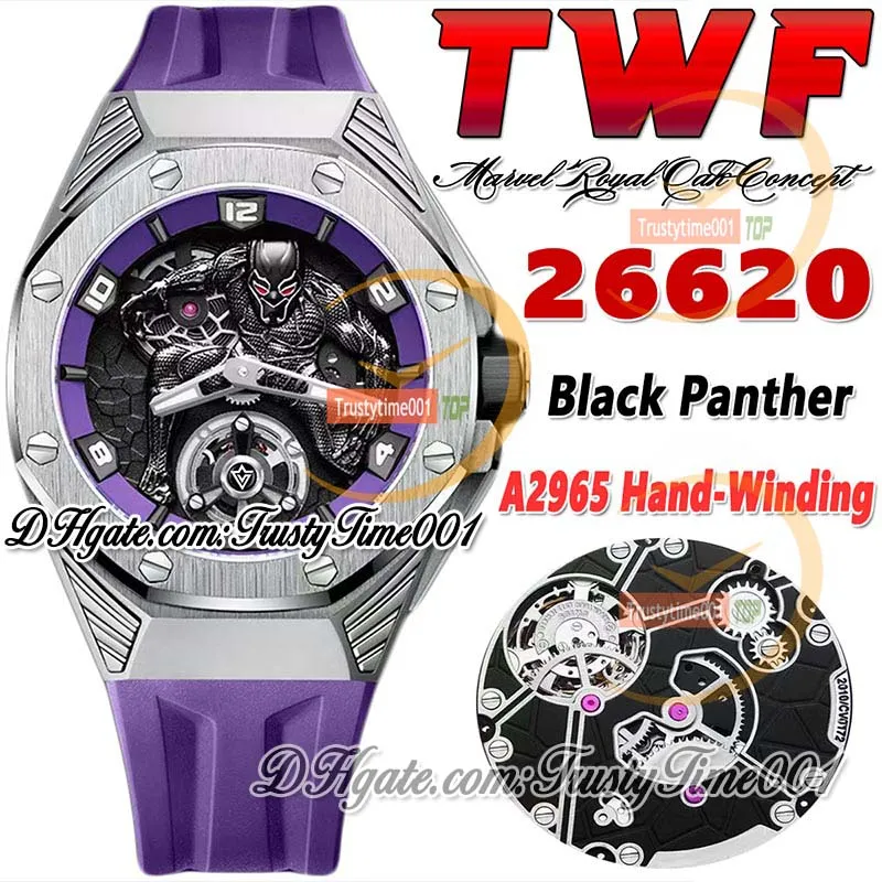 TWF tw26620 A2965 Relógio masculino com corda manual 42MM Tourbillon Caixa de aço de titânio 3D Black Panther Dial Pulseira de borracha roxa Edição limitada trustytime001Relógios