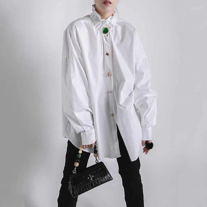 Women's Blouses Women's Shirt 2023 Green Gem Button Loose Stand Collar Long-Sleeved Fashion