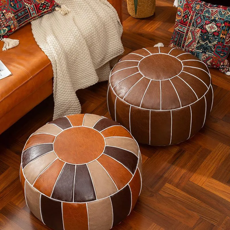 Kudde 53 cm runda marockanska pu läder pouf täcker vintage hantverk ottoman fotpall heminredning konstgjord ostuffed