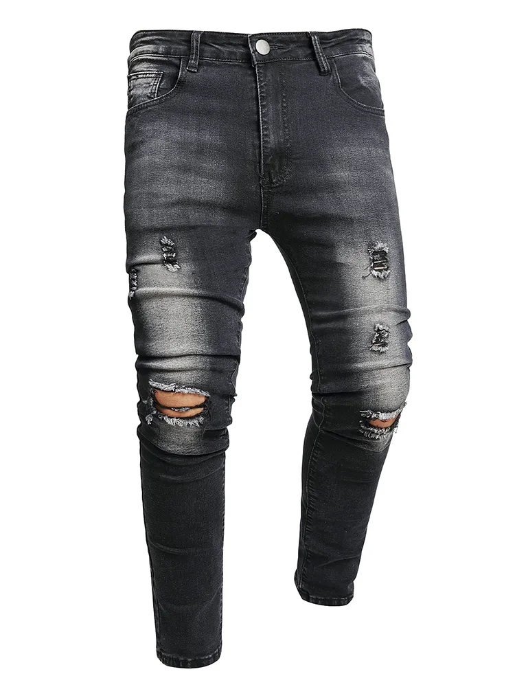 Мужские эластичные рваные байкерские джинсы с рваными отверстиями, облегающие джинсовые брюки с поцарапанными мотоциклетными штанами, серая потертая уличная одежда