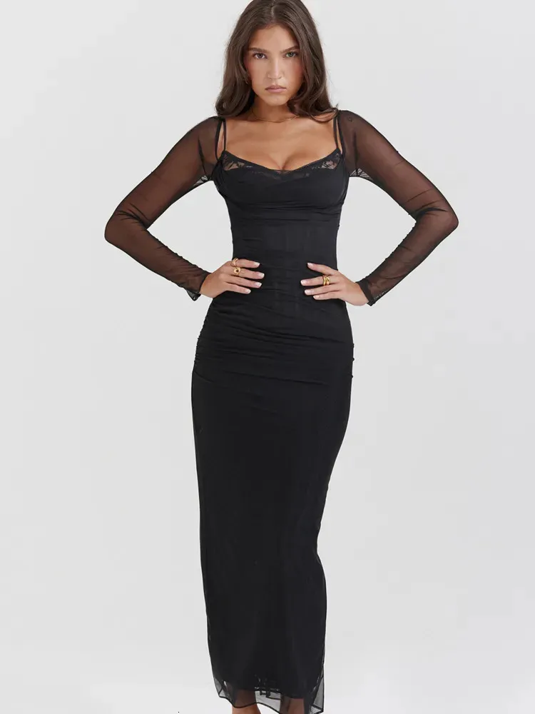 Basic Casual Dresses JULISSA MO Long Sleeve Mesh Patchwork Lace Double Layer Women Sexy Solid Midi Dress For Ladies Autumn Party Clubwear 231116 Basic Casual Dresses JULISSA MO Long Sleeve Mesh Patchwork Lace Double Layer Women Sexy Solid Midi Dress For Ladies Autumn Party Clubwear 231116