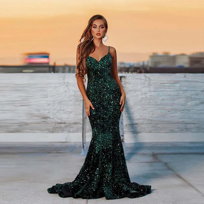 Vestidos de noite de sereia longa verde esmeralda elegantes para mulheres espaguete de veludo lantejoulas formais de baile de formatura