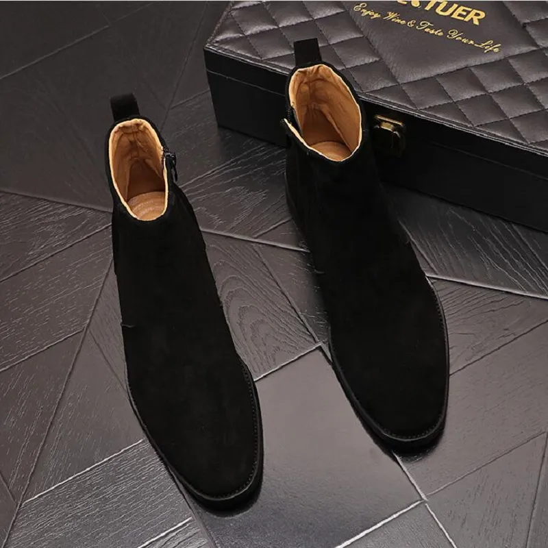 Mens High Top Zipper Suede Leather Boots Shoes For Men Lazy