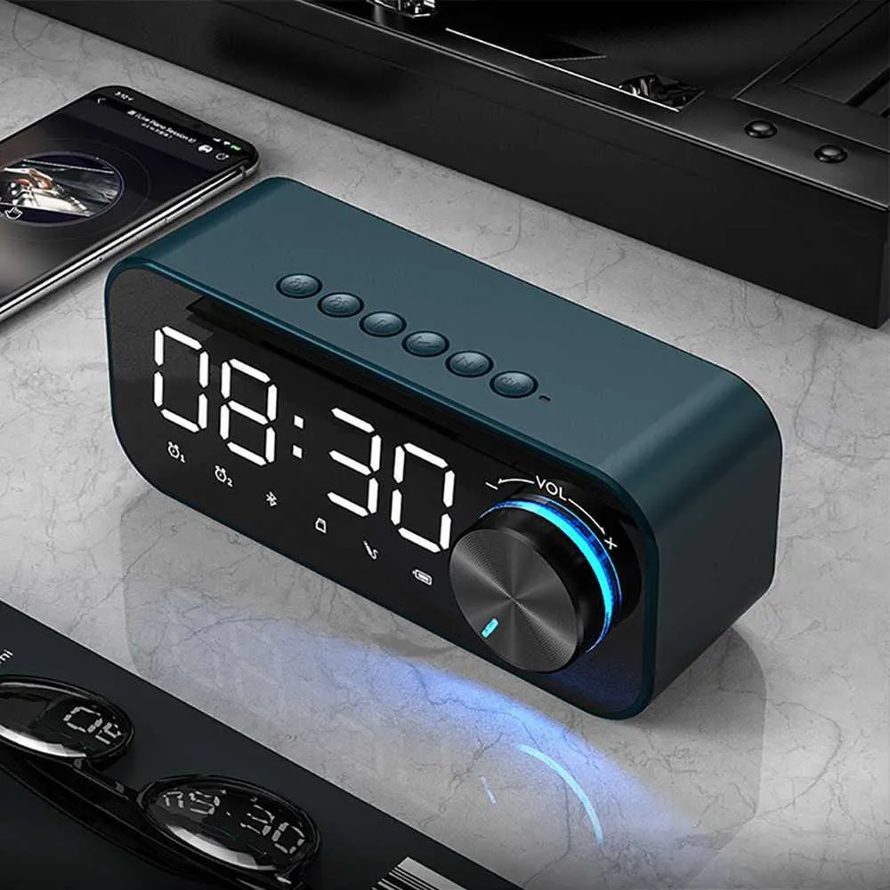 Portabla högtalare Trådlös Bluetooth -högtalare FM Radio Sound Box Desktop Alarm Clock Subwoofer Musik Player Card Bass Högtalare BOOM för all telefon