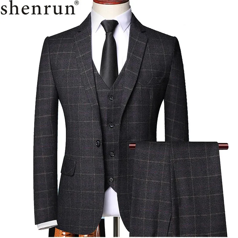 Costumes pour hommes Blazers Shenrun hommes 3 pièces costume printemps automne Plaid Slim Fit affaires formel décontracté vérifier bureau travail fête bal mariage marié 231116