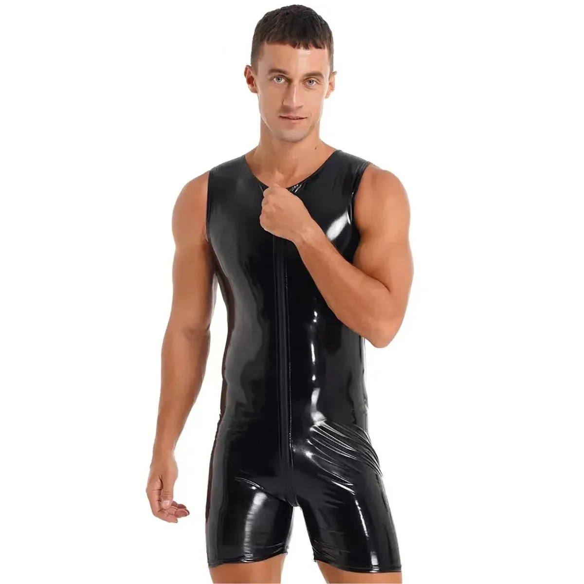 Ensemble sexy grande taille hommes sexy entrejambe ouvert en cuir body pour le sexe double fermeture éclair gaine moulante sans entrejambe érotique ci-dessous justaucorps en latex brillant 231030