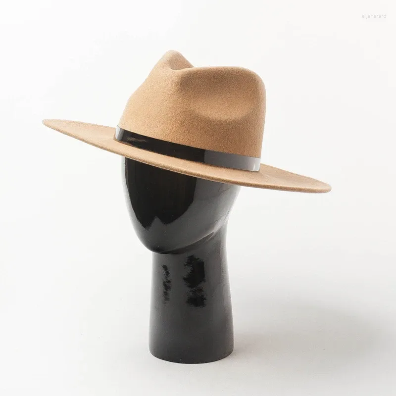 Baskar höstar vinterklassisk ull filt hatt för kvinnor breda rim fedora enkel pu läderband fascinator sombrero mujer