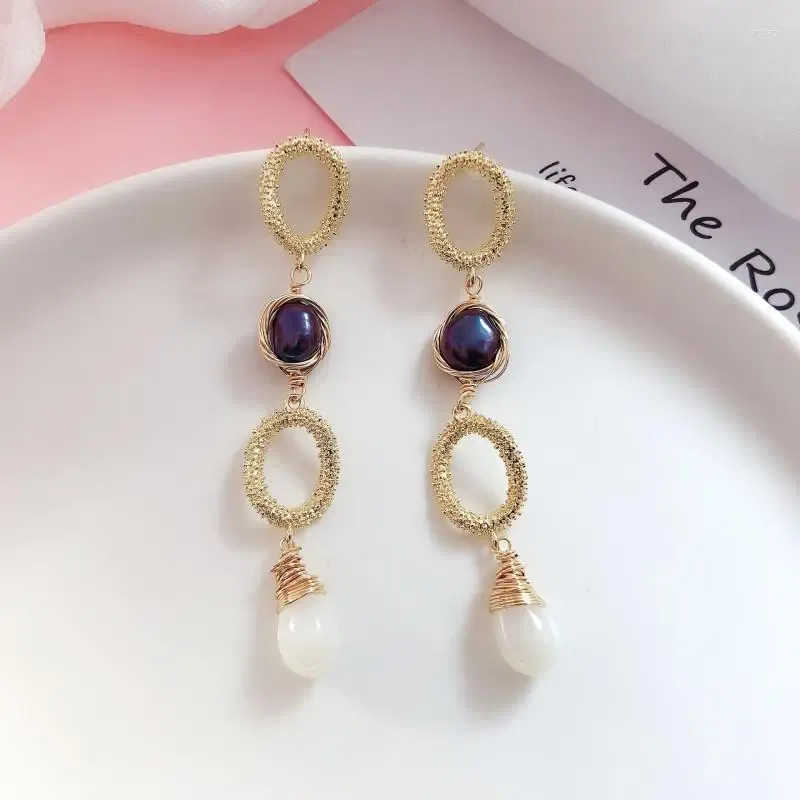 Dangle Earrings Natural Freshwater Pearl Hand-made Personalized Trendy Drop For Women Sapphire Stone Circle Pendant Jewelry