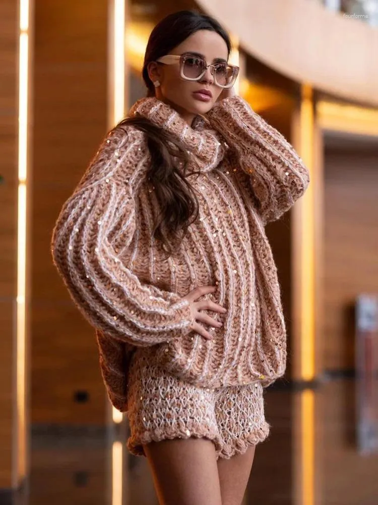 Women's Sweaters Sequins Sparkling Party Sweater Turtleneck Women Knitted Elegant 2023 Autumn Winter Street Pullovers Female Long Sleeve