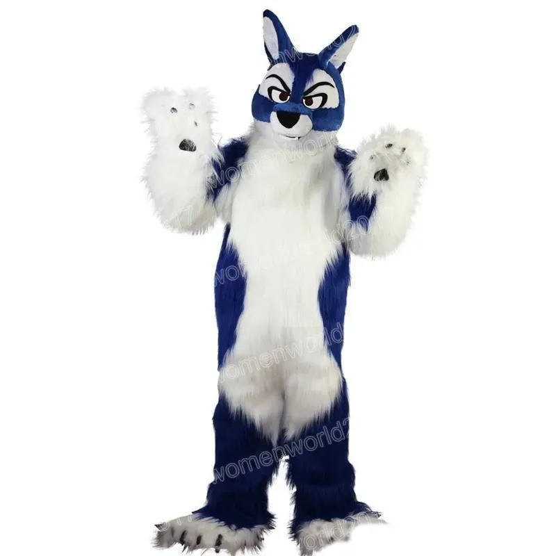 Halloween lang haar blauwe wolf mascotte kostuum stripfiguur outfits pak volwassenen maat outfit verjaardag kerst carnaval fancy dress voor mannen vrouwen