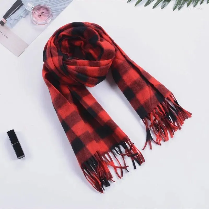 Scarves 2023 Winter Style Tartan Plaid Scarf Checkered Printed Double Side Fleece Warm Men Women Autumn Neck