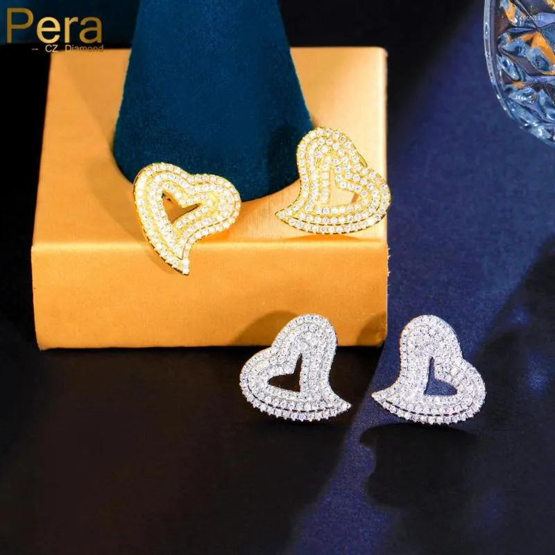Stud Earrings Pera 2023 Fashion Hiphop Bling Iced Out CZ Stone Hollow Heart Shape For Women Rapper Party Jewelry Gift E412