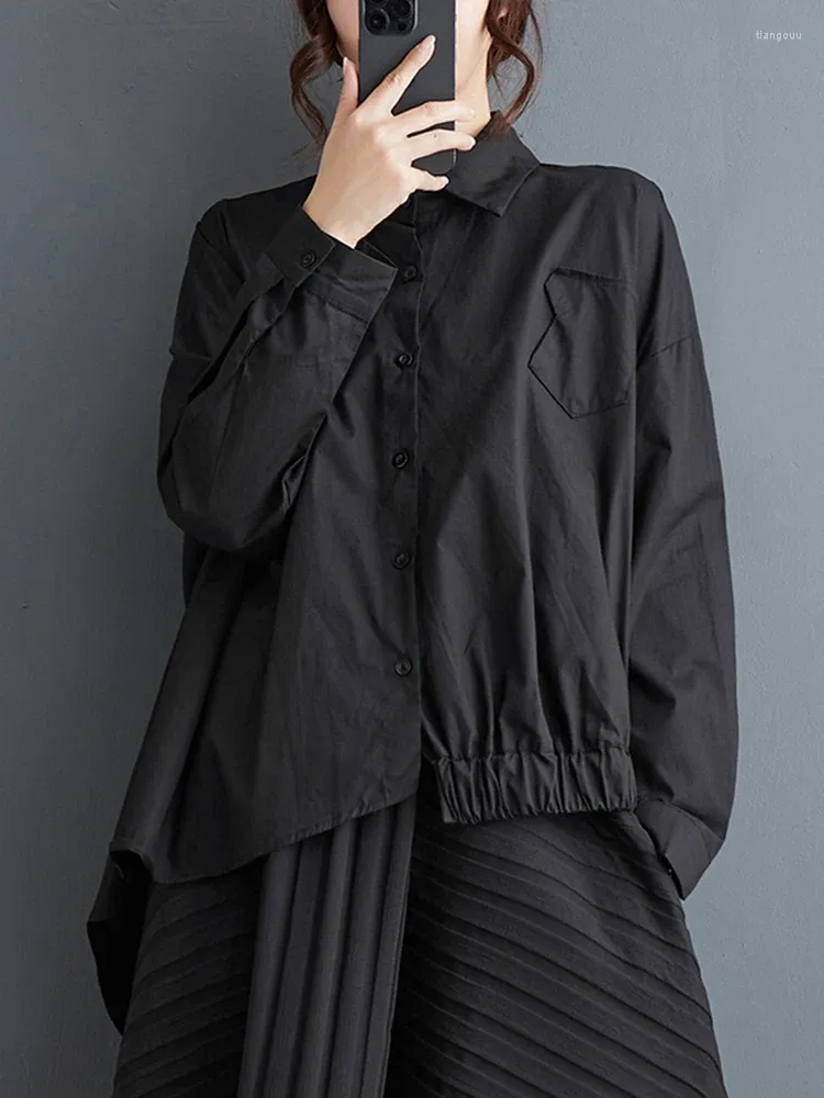 Camicette da donna asimmetrica nera camicia oversize vintage da donna manica lunga allentata camicetta casual top abbigliamento moda primavera autunno 2023