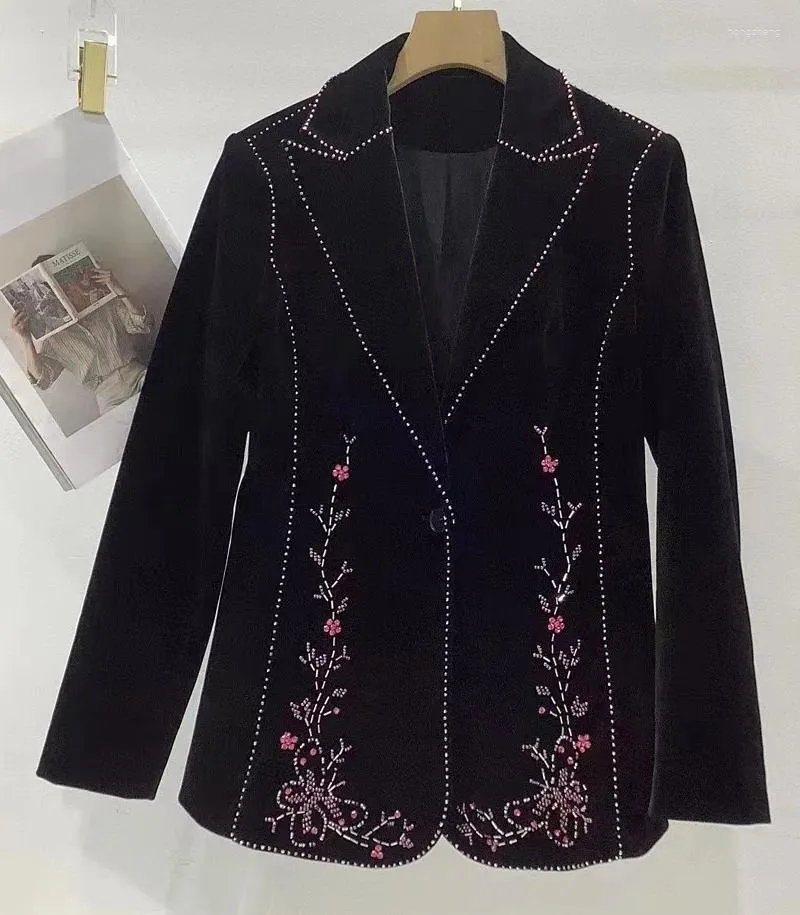 Abiti da donna XXL Cappotto Blazer 2023 Autunno Inverno Tuta sportiva Donna Colletto dentellato Bordare Deco Manica lunga Casual Velluto nero