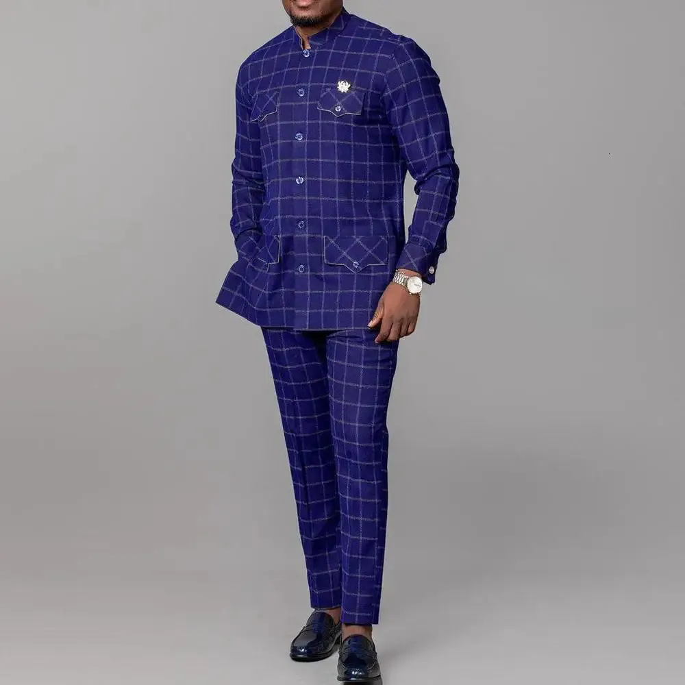 Costumes pour hommes Blazers Hommes pour mariage Col montant Plaid Chemise à manches longues Pantalon Africain Ethnique Business 2Pièces Ensembles Homme Vêtements Tenues Porter 231115