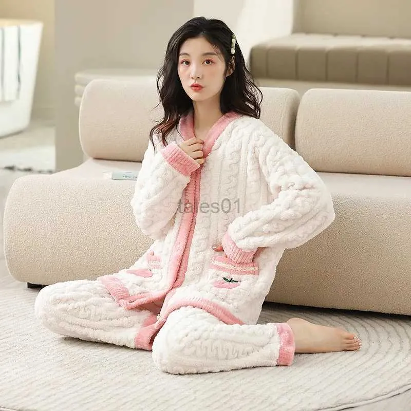 Women s Sleep Lounge New Women s Flannel Pajamas Autumn Winter Warm Cardigan Pajama Pants Home Wear Two Piece Set Pyjamas Female Lounge Pijamas Mujer
