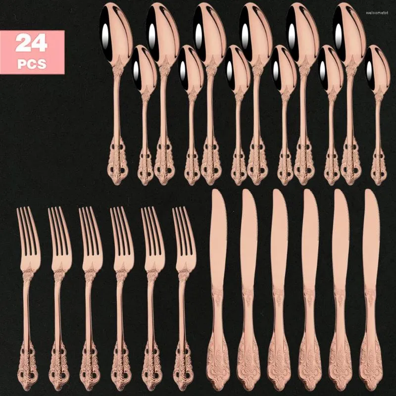 Dinnerware Sets 24Pcs Retro Vintage Western Rose Flatware Cutlery Dining Knives Fork Spoon Plate Gold Engrave Relief Luxury Tableware