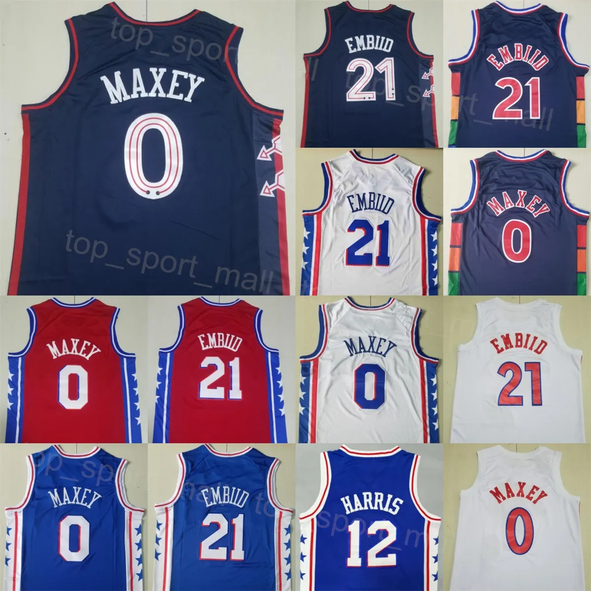 Maglia da basket Stitched City Tyrese Maxey 0 Joel Embiid 21 Tobias Harris 12 Colore della squadra Blu navy Bianco Rosso Nero Associazione guadagnata per gli appassionati di sport Alta qualità