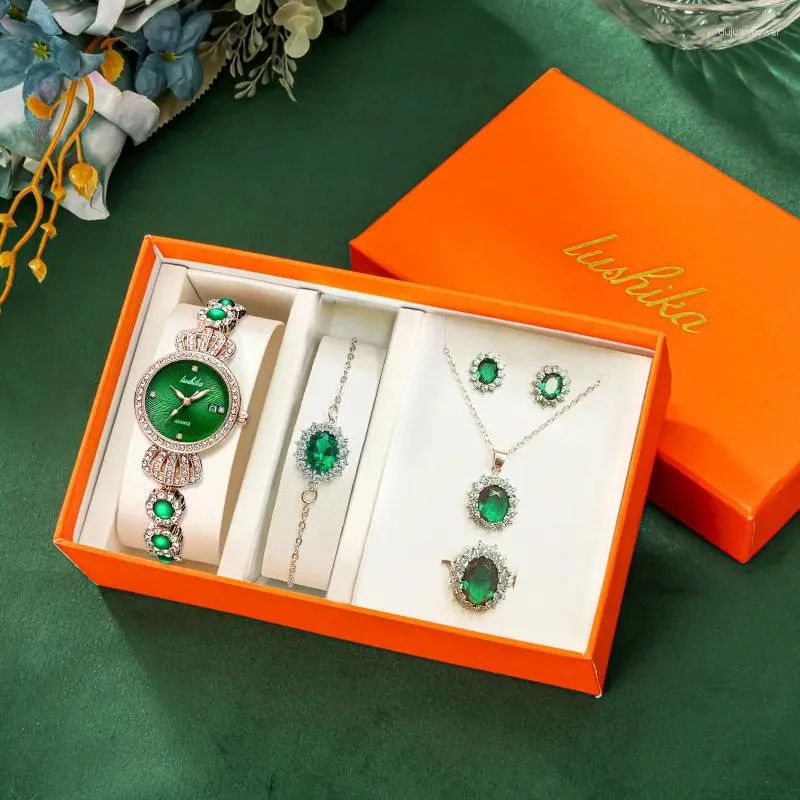 Wristwatches UTHAIH107 5pcs Sets Women's Fashion Green Watch Set With Diamond Waterproof Ladies's Bracelet Necklace Earring Gift(has Box)