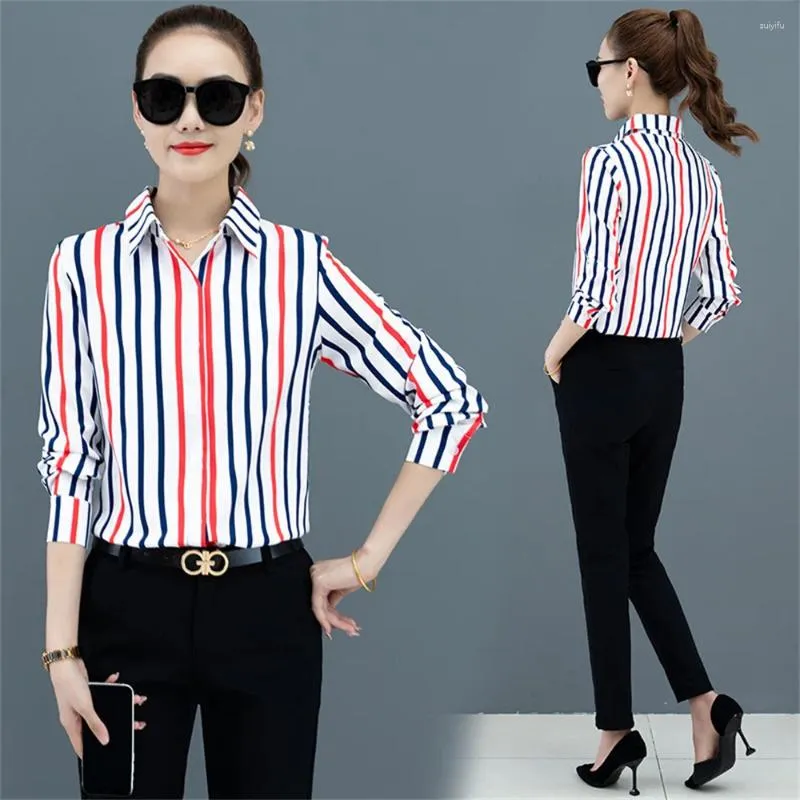 Blusas femininas coloridas listradas camisa de impressão outono polo pescoço manga comprida única fileira botão cardigan blusa moda roupas de trabalho escritório