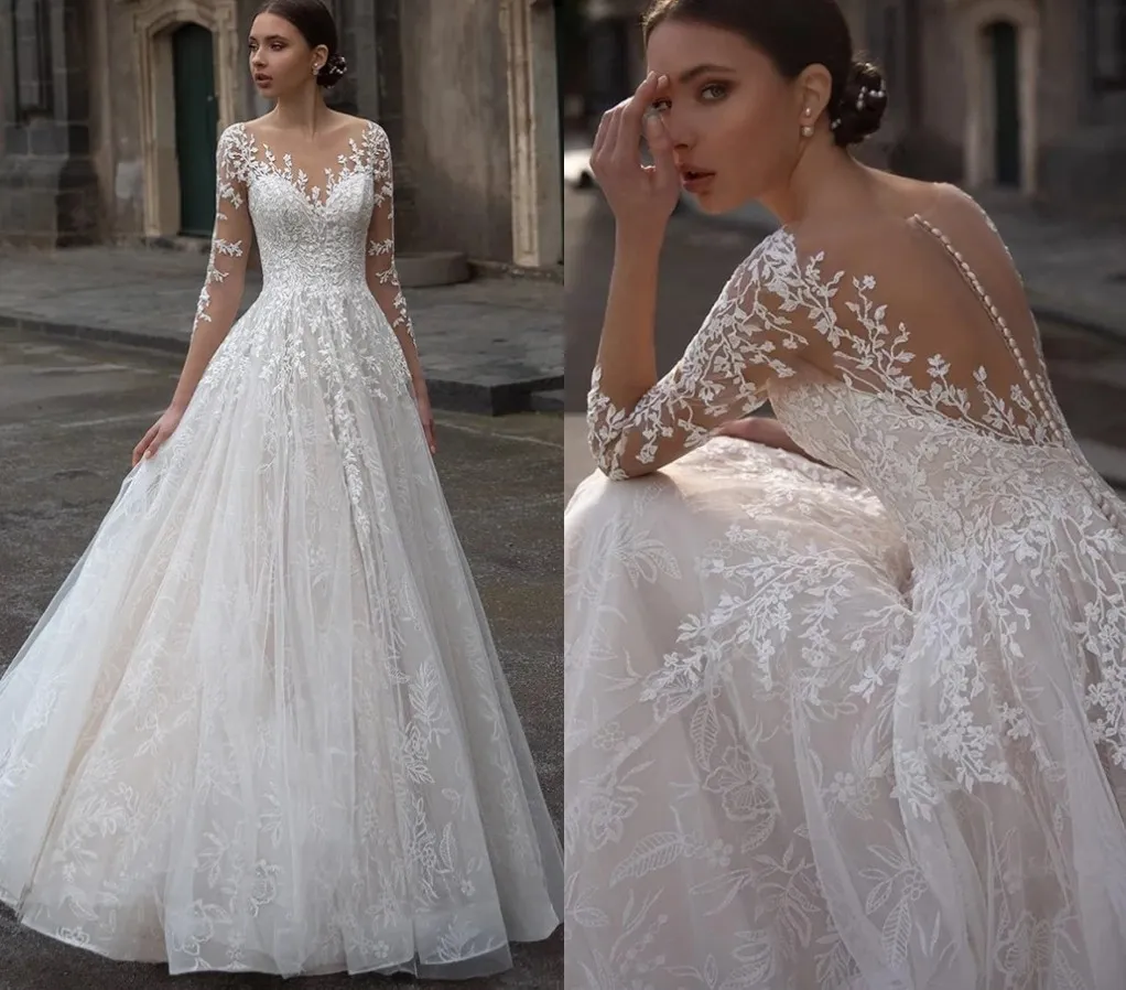 Long Sleeve A-line Sheer Tulle Elegant Appliques Wedding Dress Long Sleeve A-line Sheer Tulle Elegant Appliques Wedding Dress